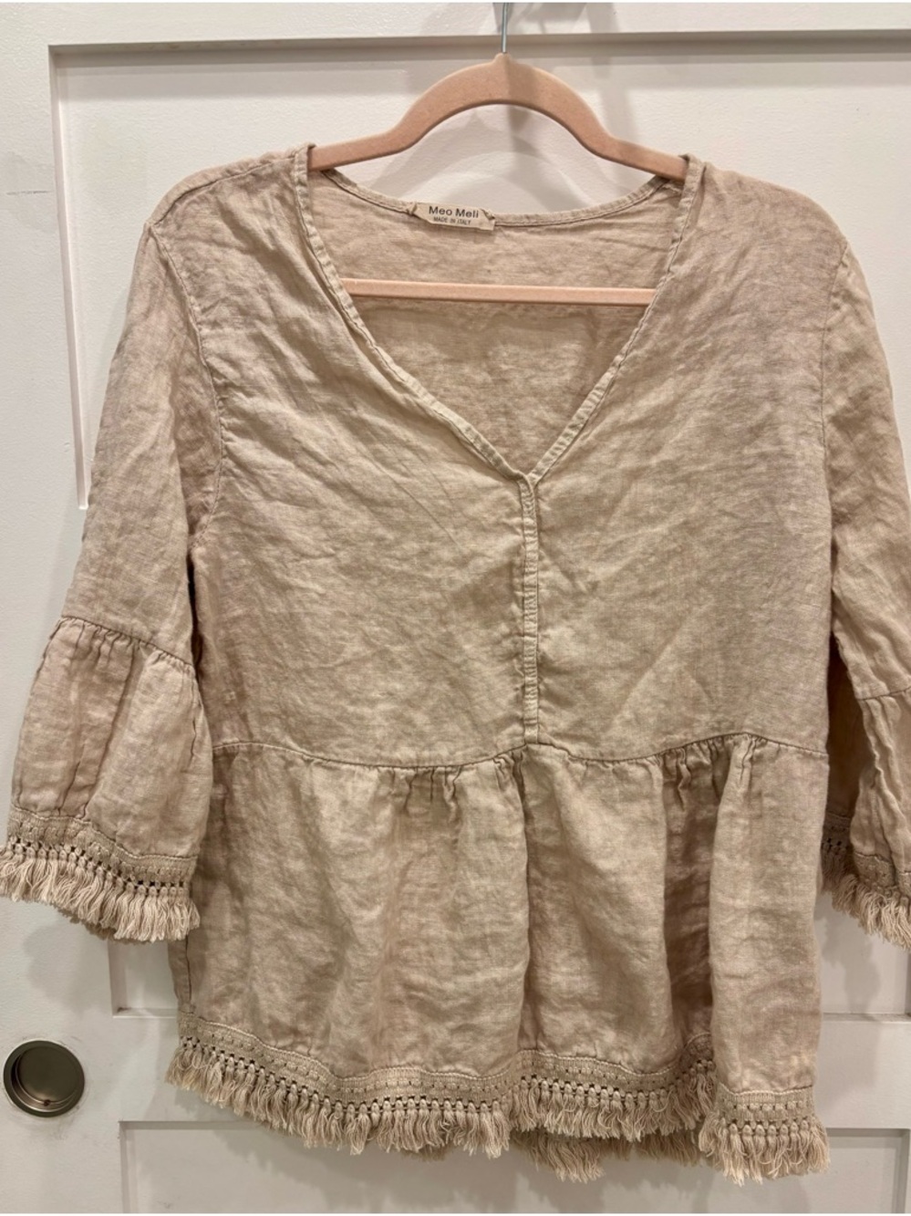 Meo Meli Made in Italy  Beige Linen V-Neck Tunic with Fringe Trim